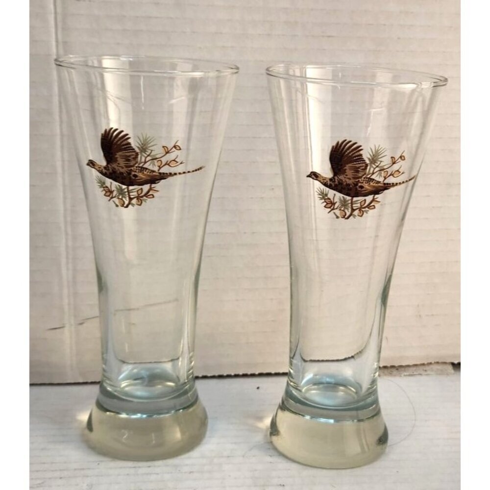 Vintage Pheasant Wildlife Tall Pilsner Drinking Glasses Tumblers Set Of 2, 7x3 i
